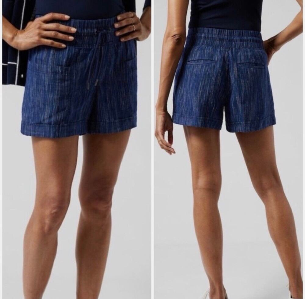 Athleta Cabo 100% Linen Drawstring Textured 4" Shorts Size: 4 Blue